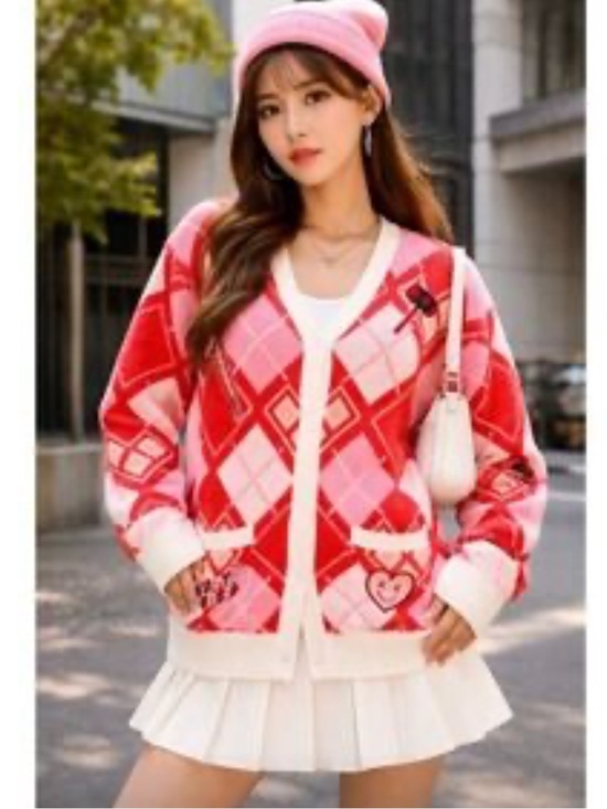 Boxlunch Sweaters - Harley Quinn Pink & Red Argyle Cardigan Sweater Size Medium